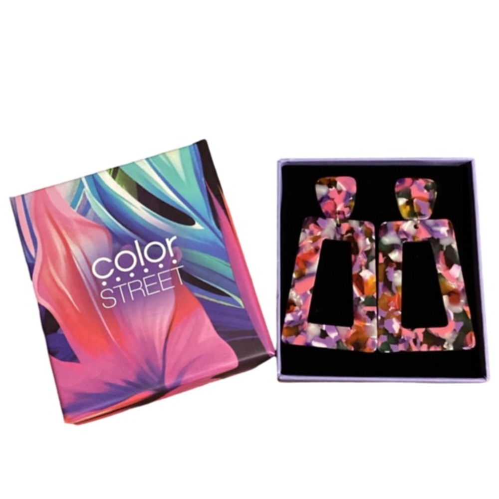 NWT Color Street Pink Resin Multicolor Torte Geometric Drop Earrings